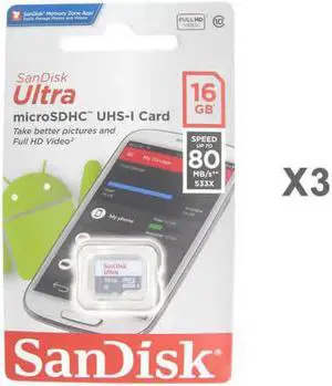 SanDisk Kit of 3 x Sandisk Ultra 16GB mSDHC SDSQUNS-016G-GN3MN Cards