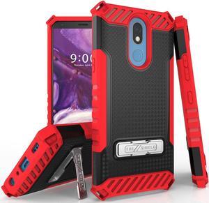 Red Tri-Shield Rugged Case Cover with Kickstand Lanyard for LG Xpression Plus 2