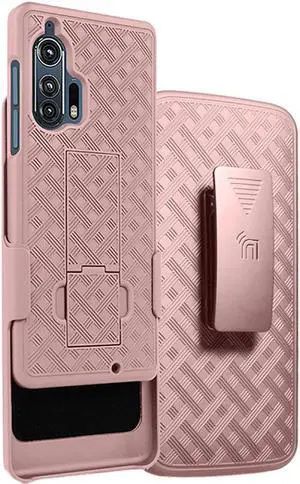 Rose Gold Pink Hard Case Kickstand Cover + Belt Clip for Motorola Edge Plus