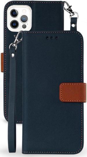 Navy/Brown Wallet Case Credit Card Slot Lanyard Strap for iPhone 12 Pro Max