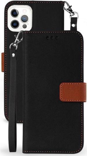 Black/Brown Wallet Case Card ID Slot Cover Wrist Strap for iPhone 12 Pro Max
