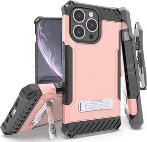 Blush Pink Rugged Case with Stand + Belt Clip Holster + Strap for iPhone 13 Pro