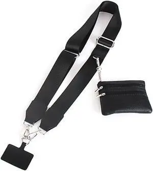 Universal Crossbody Phone Strap for Case with Zipper Pouch - Black