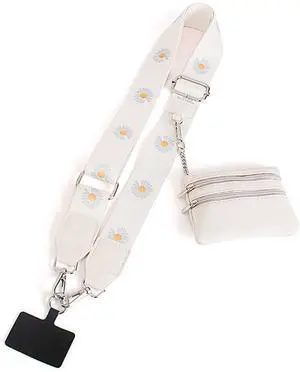 Universal Crossbody Phone Strap for Case with Zipper Pouch - Ivory Floral