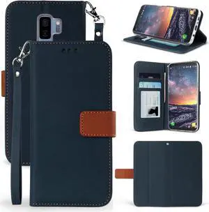 NAVY/BROWN WALLET CASE STAND + WRIST STRAP FOR SAMSUNG GALAXY S9 Plus, S9+