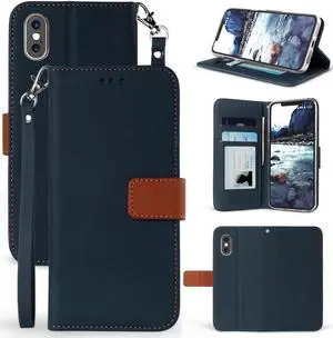 Navy/Brown Wallet Case Card Slot Cover Stand Strap for Apple iPhone Xs Max 6.5"