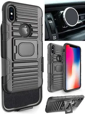 Black Rugged Grip Case + Belt Clip + Magnetic Car Mount for iPhone Xs/X/10/10s