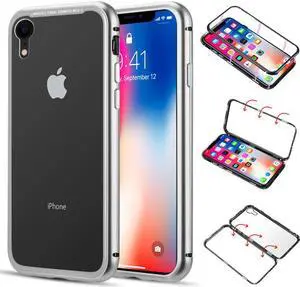 Silver Magnetic Snap Case Cover Clear Tempered Glass Back for iPhone XR 10R 6.1"
