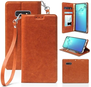 Brown Wallet Case Credit Card Slot Cover Wrist Strap for Samsung Galaxy S10e Brown Wallet Case Credit Card Slot Cover Wrist Strap for Samsung Galaxy S10e