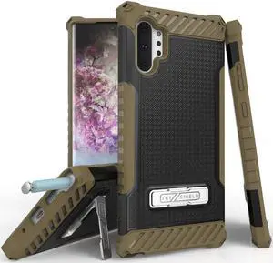 Brown Rugged Tri-Shield Case Cover Kickstand Wrist Strap for Galaxy Note 10 Plus