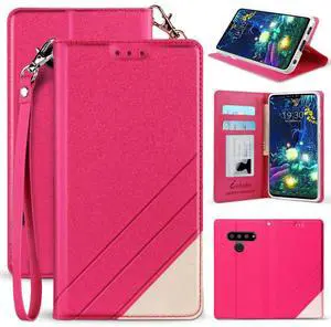 Pink Infolio Wallet Case Stand Card Slot Cover with Wrist Strap for LG V50 ThinQ