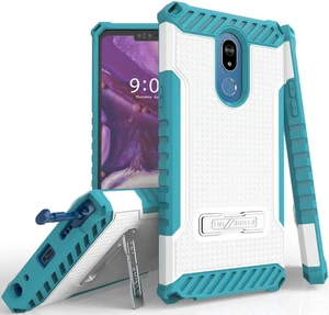 White/Turquoise Tri-Shield Rugged Case Cover Stand Wrist Strap for LG Stylo 5 White/Turquoise Tri-Shield Rugged Case Cover Stand Wrist Strap for LG Stylo 5