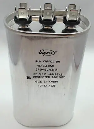 Dual Run Capacitor, Oval, 45 + 5 Mfd., 370 Volt, CD45+5X370