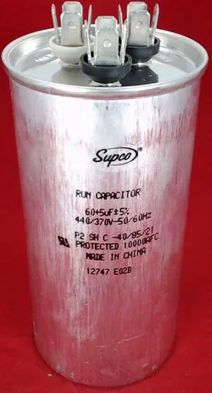 Dual Run Capacitor, Round, 60 + 5 Mfd., 440 Volt, CD60+5X440R