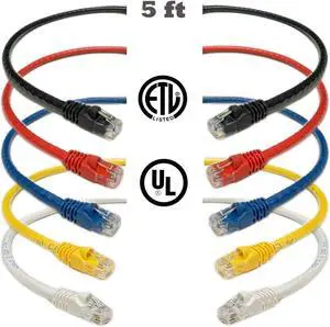 iMBAPrice Mixed Colors - 5 feet RJ45 Cat6 Snagless Ethernet Patch Cable Multi Color (Red, Blue, Black, White, Yellow) -