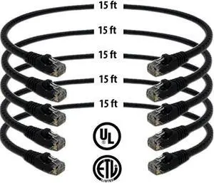 iMBAPrice 15 Feet Cat6 Cable - Premium Grade RJ45 Ethernet Snagless Patch Cord (Pack of 5) Black