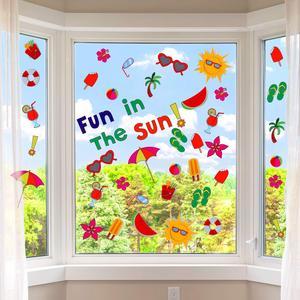200 Pieces Summer Window Clings Fun in The Sun Static Stickers Window Clings with Sun, Beach, Flip Flops, Drinks for Summer Party Decorations