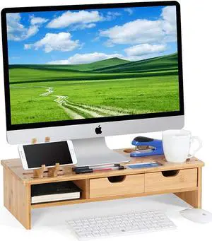 Tribesigns Monitor Stand Riser with Storage Organizer Drawers Bamboo, Natural Brown