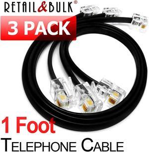 (3 Pack) 1 Foot Short Telephone Cable RJ11 Male to Male, 6P4C Phone Line Cord (12 Inches, Black)
