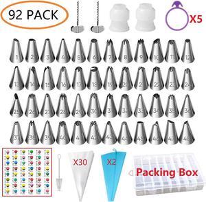 ANSLYQA Icing-Piping-Tips and Bags Kit (92 Pack) with 48 Numbered Icing Tips & Pattern Chart,32 Pastry-Bags,2 Flower Nails,2 Couplers,5 Frosting Bag Ties for Baking Cake-Decorating Supplies Set