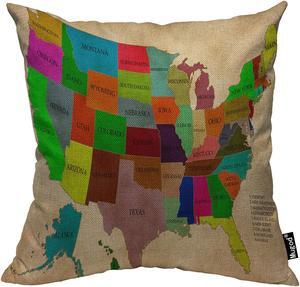 Mugod American USA Map Pillow Cover States with Red Pink Blue Green Purple Yellow Orange Sign Decorative Cotton Linen Square Cushion Covers Standard Pillowcase Couch Sofa Bed Men/Women 18x18 Inch