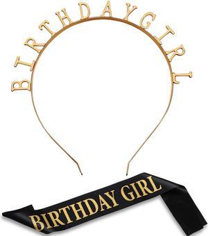 Birthday Headpiece Girl Tiara Headband Birthday Satin Sash for Party Decorations Supplies (Gold)