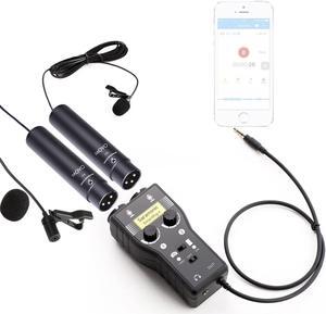 Movo Dual XLR Lavalier Condenser Microphone Bundle with Saramonic 2-Channel Pre-Amp / Mixer for DSLR Camera, iPhone, iPad, iPod, and Android Smartphones