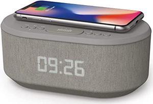 bedside radio alarm clock with usb charger, bluetooth speaker, qi wireless charging, dual alarm dimmable led display (grey)