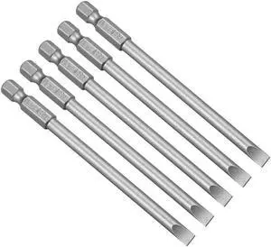 5Pcs 1/4" Hex Shank 100mm Length Magnetic SL5 Slot Head Screwdriver Bits S2 Alloy Steel