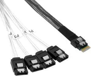 Cablecc Slim Line SAS 4.0 SFF-8654 4i 38pin Host to 4 SATA 7pin Target Hard Disk Fanout Raid Cable 50cm