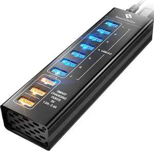 SmartDelux Powered USB Hub - 10-Port USB 3.0 Hub with 7 USB 3.0 Ports, 3 Smart Charging Ports, Power Adapter, Long Cord, LEDs - Black Aluminum