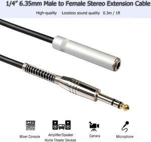 1ft/0.3m 6.35mm Stereo Male to Female Extension Audio Cable Amp Guitar 1/4 inch TRS Cable Extension Wire Cord M F Audio Cables (1pcs)