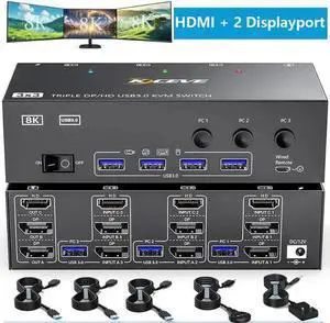 Hitoor KVM Switch 3 Computers 3 Monitors, HDMI + 2 DisplayPort Triple Monitor USB 3.0 KVM Switcher, 8K@30Hz/4K@144Hz HDMI+2 DP KVM for 3 PC Share 3 Display and 4 USB3.0 Devices, Wired Remote Included Hitoor KVM Switch 3 Computers 3 Monitors, HDMI + 2 DisplayPort Triple Monitor USB 3.0 KVM Switcher, 8K@30Hz/4K@144Hz HDMI+2 DP KVM for 3 PC Share 3 Display and 4 USB3.0 Devices, Wired Remote Included