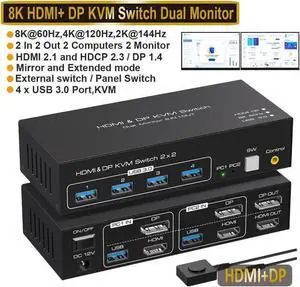 Dual Monitor DP + HDMI KVM Switch, 2 Port DisplayPort and HDMI 8K@60HZ 4K@120Hz KVM Switcher for 2 Computers 2 Monitors with 4 Ports USB 3.0, Support Copy and Extended Display and Desktop Control Dual Monitor DP + HDMI KVM Switch, 2 Port DisplayPort and HDMI 8K@60HZ 4K@120Hz KVM Switcher for 2 Computers 2 Monitors with 4 Ports USB 3.0, Support Copy and Extended Display and Desktop Control