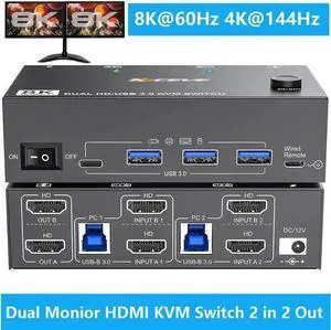 AUTYUE 8K HDMI KVM Switch 2 Monitors 2 Computers 8K@60Hz 4K@144Hz, Dual Monitor HDMI KVM Switch with 4 USB 3.0 Ports for Keyboard Mouse Printer,Wired Remote,12V Power Adapter and USB Cables Included AUTYUE 8K HDMI KVM Switch 2 Monitors 2 Computers 8K@60Hz 4K@144Hz, Dual Monitor HDMI KVM Switch with 4 USB 3.0 Ports for Keyboard Mouse Printer,Wired Remote,12V Power Adapter and USB Cables Included