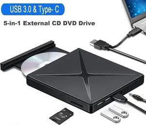 External CD DVD Drive for Laptop, High Speed USB 3.0 Type -C Portable CD DVD Player Burner, 5 in 1 Optical DVD CD ROM Drive Reader Writer Compatible with Desktop PC Windows Linux Mac OS External CD DVD Drive for Laptop, High Speed USB 3.0 Type -C Portable CD DVD Player Burner, 5 in 1 Optical DVD CD ROM Drive Reader Writer Compatible with Desktop PC Windows Linux Mac OS
