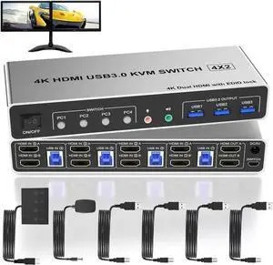 AUTYUE 4 Port HDMI Dual Monitor USB 3.0 KVM Switch 4K 60Hz, KVM Switch 2 Monitors for 4PCs Supports EDID, HDMI KVM Switch 4 Computers with Audio Microphone Output and 3 USB 3.0 Ports, 4 in 2 Out KVM AUTYUE 4 Port HDMI Dual Monitor USB 3.0 KVM Switch 4K 60Hz, KVM Switch 2 Monitors for 4PCs Supports EDID, HDMI KVM Switch 4 Computers with Audio Microphone Output and 3 USB 3.0 Ports, 4 in 2 Out KVM