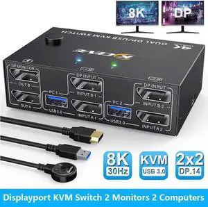 Hitoor 2 Port Displayport KVM Switch for 2 Monitors 2 Computers 8K@30Hz 4K@144Hz, USB 3.0 Dual Monitor KVM Switches Displayport 1.4 with 4 USB 3.0 Port for USB Device,Wired Remote and 4 Cable Included Hitoor 2 Port Displayport KVM Switch for 2 Monitors 2 Computers 8K@30Hz 4K@144Hz, USB 3.0 Dual Monitor KVM Switches Displayport 1.4 with 4 USB 3.0 Port for USB Device,Wired Remote and 4 Cable Included