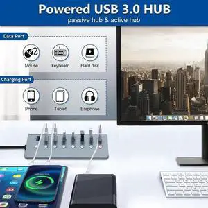 Powered USB 3.0 Hub, 8 Port USB C to USB 3.0 hub Splitter with Smart Charging Port, Multi USB 3.0 Port Expander with Individual Switches & LED, Power Adapter for Laptop, PC, MacBook, Phones Powered USB 3.0 Hub, 8 Port USB C to USB 3.0 hub Splitter with Smart Charging Port, Multi USB 3.0 Port Expander with Individual Switches & LED, Power Adapter for Laptop, PC, MacBook, Phones