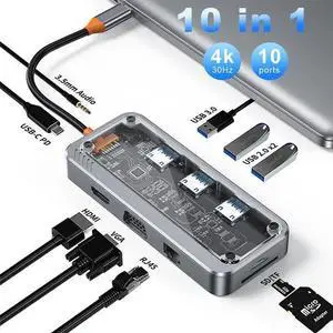 Transparent USB C Hub, 10-in-1 Type C Docking Station with RJ45 Ethernet Type C Adapter USB3.0/USB2.0 4K@30Hz HDMI VGA SD/TF Card Reader USB-C PD 3.0 3.5mm Audio Compatible with Type C Laptops Transparent USB C Hub, 10-in-1 Type C Docking Station with RJ45 Ethernet Type C Adapter USB3.0/USB2.0 4K@30Hz HDMI VGA SD/TF Card Reader USB-C PD 3.0 3.5mm Audio Compatible with Type C Laptops