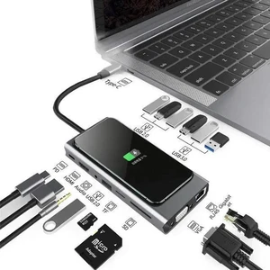 15-in-1 USB C Hub Adapter for MacBook Pro - W/Wireless Charging, 4K HDMI,1080P VGA,PD Port, Ethernet Port,SD Card Reader, 3 USB 3.0, 4 USB 2.0, 3.5mm Audio Port for Pixelbook XPS, More Type C Latops 15-in-1 USB C Hub Adapter for MacBook Pro - W/Wireless Charging, 4K HDMI,1080P VGA,PD Port, Ethernet Port,SD Card Reader, 3 USB 3.0, 4 USB 2.0, 3.5mm Audio Port for Pixelbook XPS, More Type C Latops