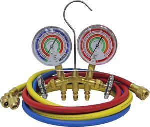 59161, Brass R410A, R22, R404A 2-Way Manifold Gauge Set with 3-1/8" Gauges, 3-60" Hoses and Standard 1/4" Fittings