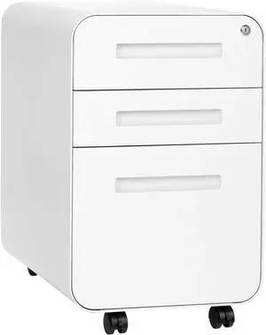 Stockpile 3 Drawer File Cabinet with Lock - Under Office Desk Metal Filing Cabinet, Legal/Letter File Folders, Wheels and Stationary Feet, Pre-Assembled, White