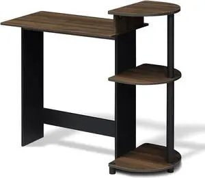 Furinno Compact Computer Desk with Shelves, Round Side, Columbia Walnut/Black