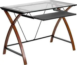Flash Furniture Jude Tempered Glass Computer Desk with Pull-Out Keyboard Tray and Crisscross Frame, Small Computer Desk for Home Office, Cherry/Clear