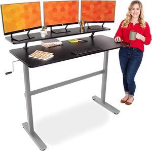 Tranzendesk 55 in Standing Desk with Clamp On Shelf | Easy Crank Height Adjustable Stand Up Workstation w/Attachable Monitor Riser | Holds 3 Monitors & Adds Desk Space (55 /Silver Base)