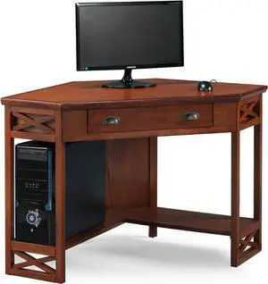 Leick Home 82431 Corner Computer Writing Desk with Drop Front Keyboard Drawer, Oak