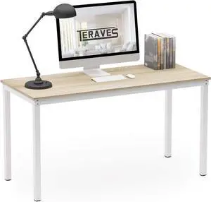 Teraves Computer Desk/Dining Table Office Desk Sturdy Writing Workstation for Home Office (39.37, Beige + White Frame)