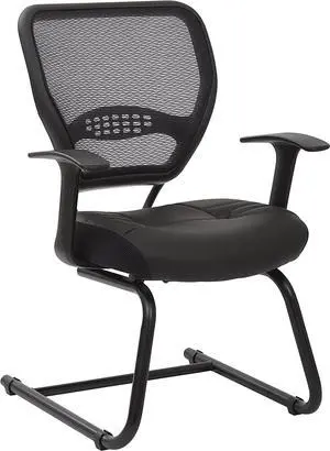 SPACE Seating Professional AirGrid Dark Back and Padded Black Eco Leather Seat, Fixed Arms and Lumbar Support Sled Base Visitors Chair