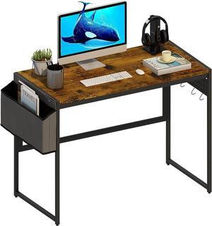 AWQM Computer Desk 39-Inch Writing Desk Home Office Small Study Workstation Industrial Style PC Laptop Table with Storage Bag and 4 Hanging HooksIndustrial Brown
